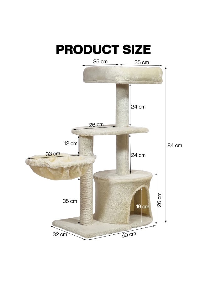 NNC PETS Multi-level cat tree with Padded perch, Cozy hammock, Enclosed condo, and Natural sisal scratching post, Soft-plush cat activity tower for Indoor cats & Kittens, Easy to assemble, 84 cm (Beige) - Image 2